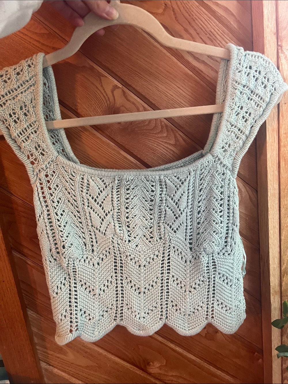 Open-Knit Square Neck Tank Top in Light Mint